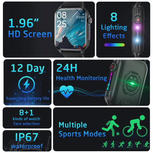 2025 New Smart Watch Men IP67 Outdoor Sports Dazzling Color Breathing Light Health Monitor 1.96" BT Call Smart Watch P6