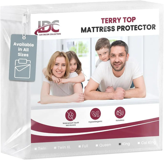 Lux Decor 100% Waterproof Mattress Protector – Soft, Noiseless Terry Cloth Top, Breathable Cover, 16 inches Fitted Deep