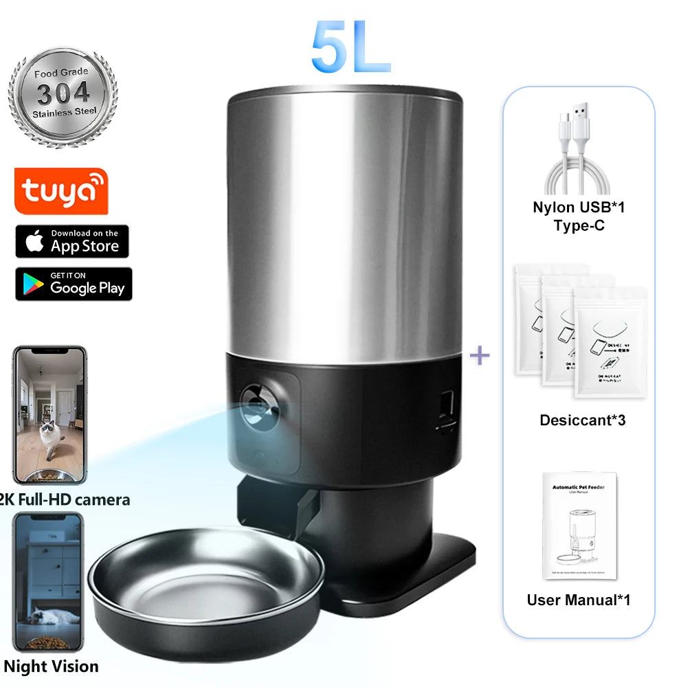5L Smart Automatic Cat Feeders with 1080P HD Camera 5G WiFi Pet Feeder Tuya APP Control Automatic Cat Dog Food Dispenser Furpipi