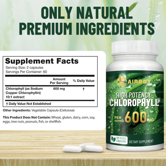 Chlorophyll Supplement 600mg - Smelling Breath, Skin Health, Remove Body Odor Naturally - 120 Capsules