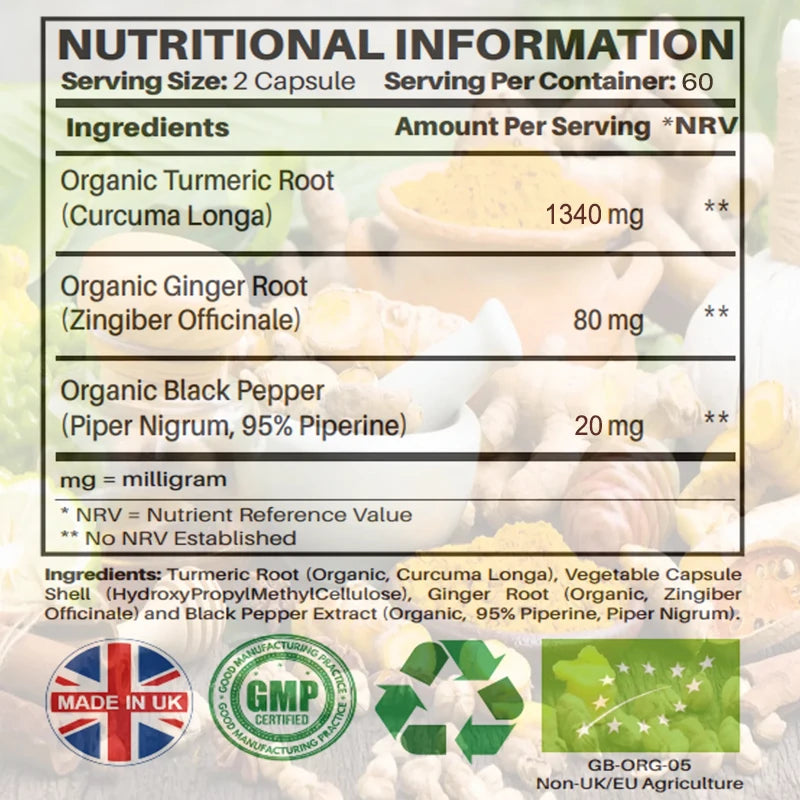 Organic Turmeric Ginger & Black Pepper Blend Capsules Joint Health Supplement Helps Joint Flexibility and Cushioning