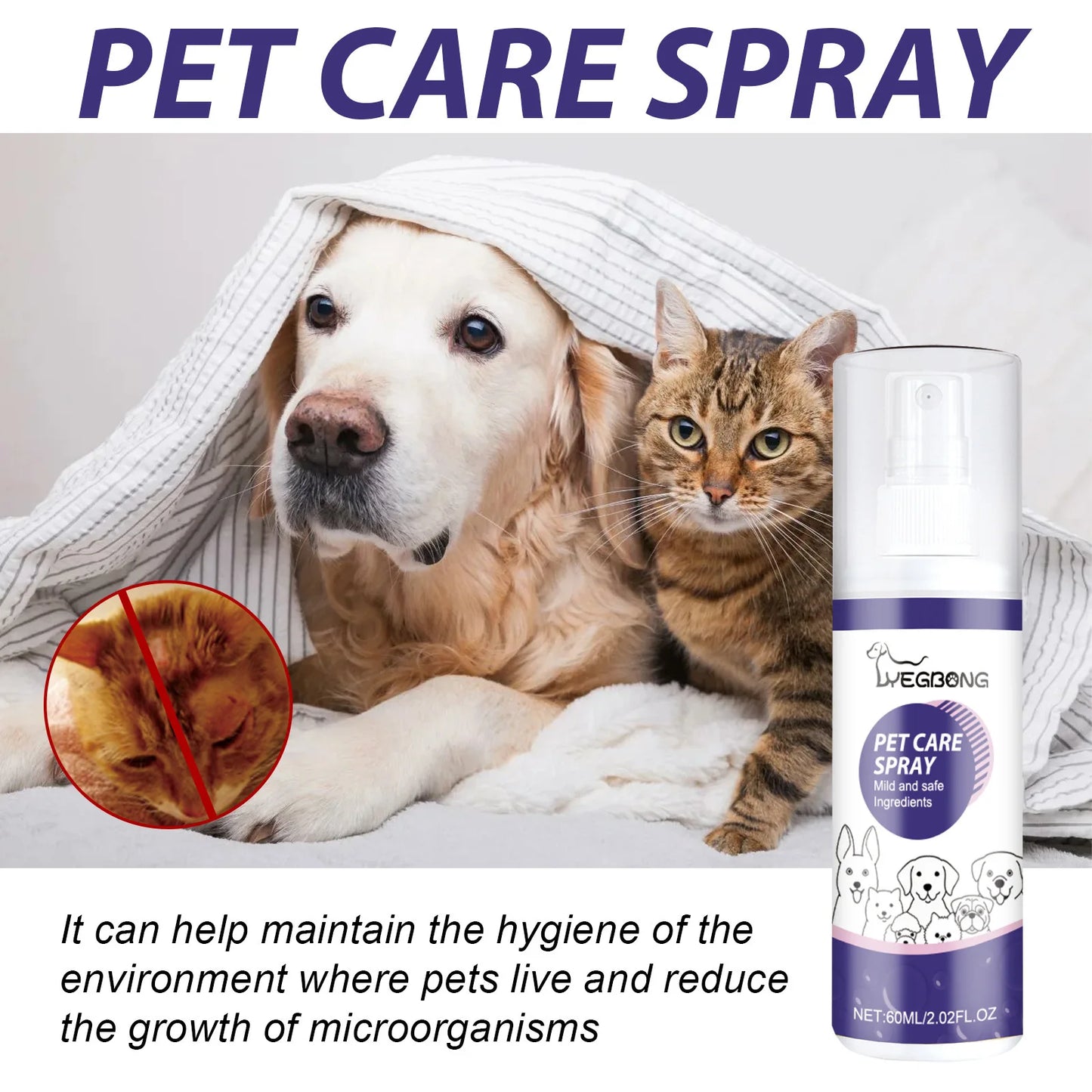 Yegbong 60ml Pet Wound Care Spray Cats Dogs Skin Repair Anti Itch Wound Healing Remove Odor Rash Moss Wound Treatment Spray