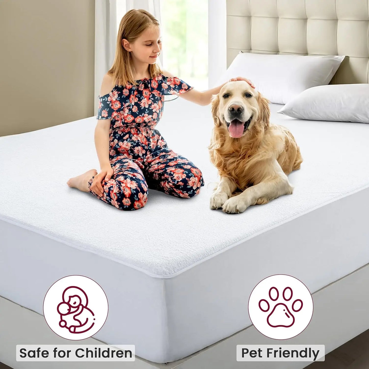 Lux Decor 100% Waterproof Mattress Protector – Soft, Noiseless Terry Cloth Top, Breathable Cover, 16 inches Fitted Deep