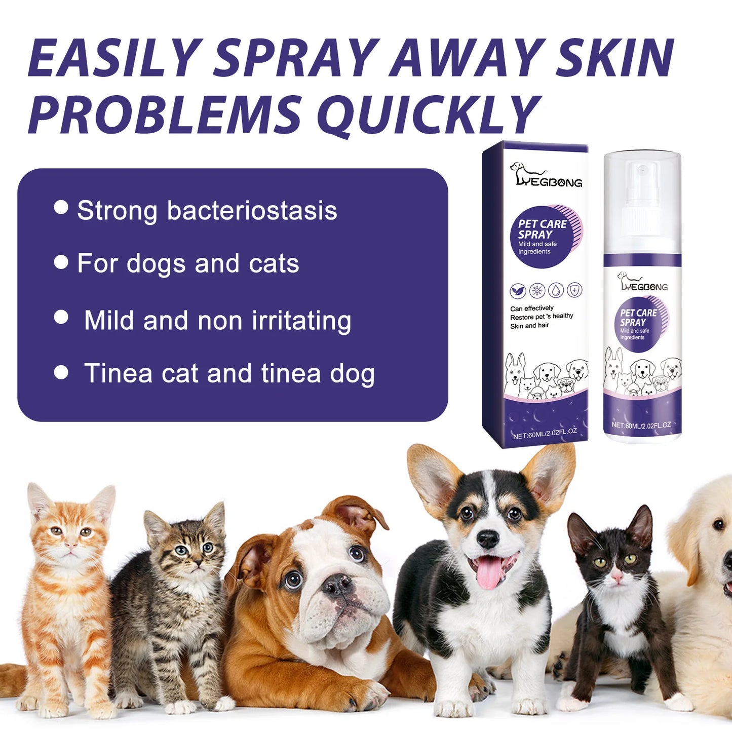 Yegbong 60ml Pet Wound Care Spray Cats Dogs Skin Repair Anti Itch Wound Healing Remove Odor Rash Moss Wound Treatment Spray