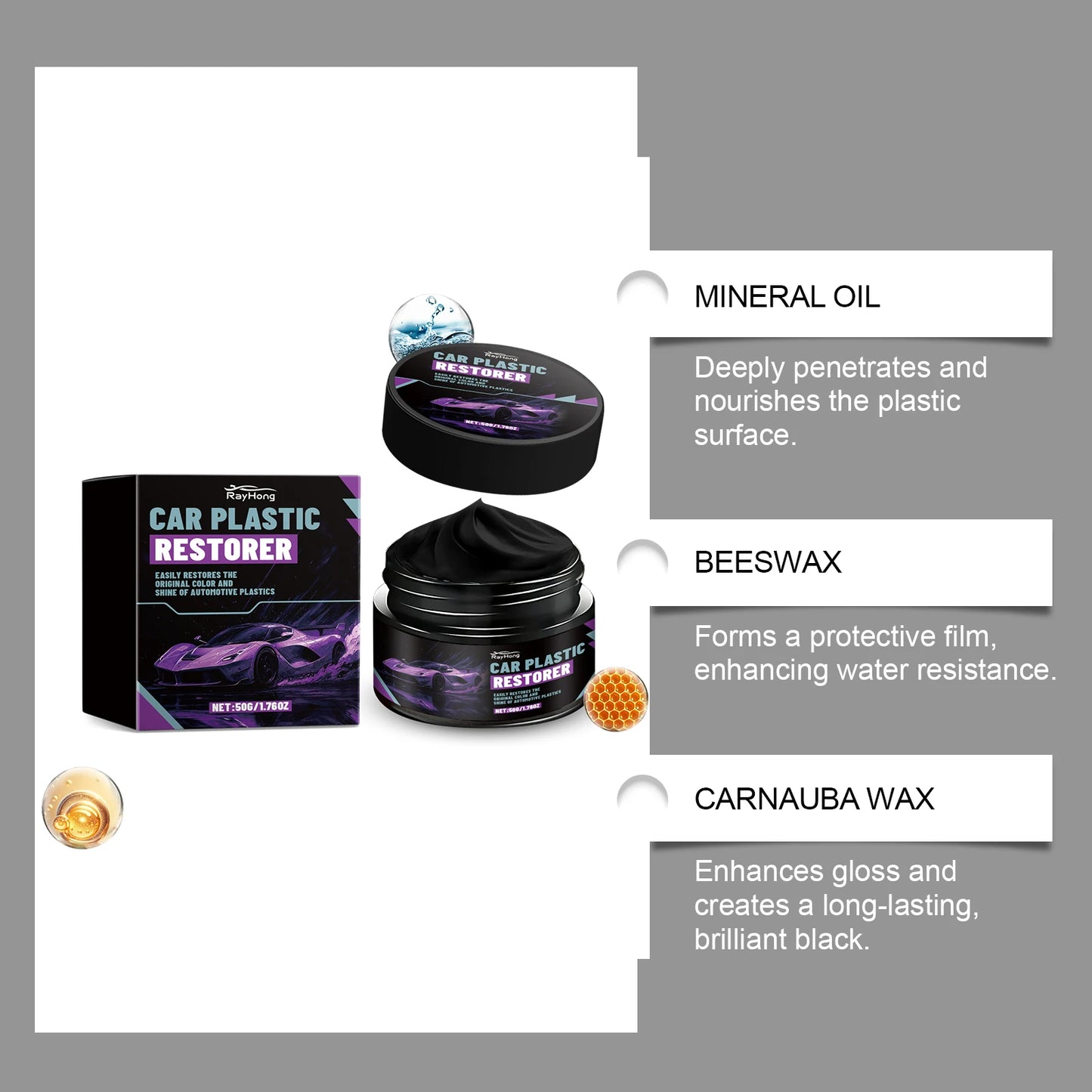 Car Plastic Restorer & Polish Gel for Dashboard, Trim, Tires Restores Black Color Shine Cleans Stains Auto Plastic Care Cream