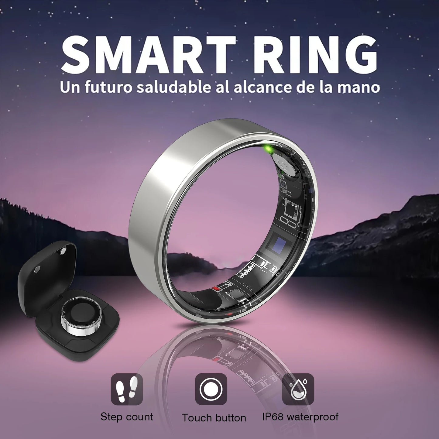 Smart ring, IP68 waterproof, sleep monitoring, multiple sports modes, pedometer, stainless steel material, unisex