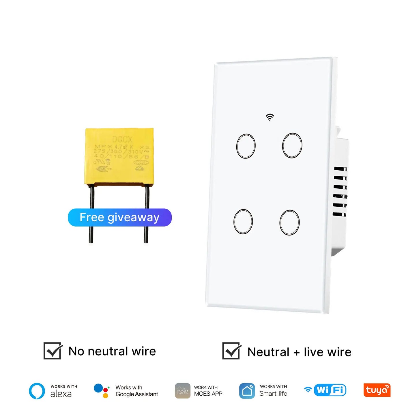 Tuya WiFi Smart Light Switch Glass Touch Control Fireproof No Neutral Wire Required Remote Control Work With Alexa Google Home
