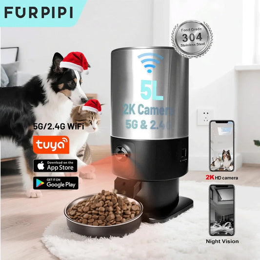 5L Smart Automatic Cat Feeders with 1080P HD Camera 5G WiFi Pet Feeder Tuya APP Control Automatic Cat Dog Food Dispenser Furpipi