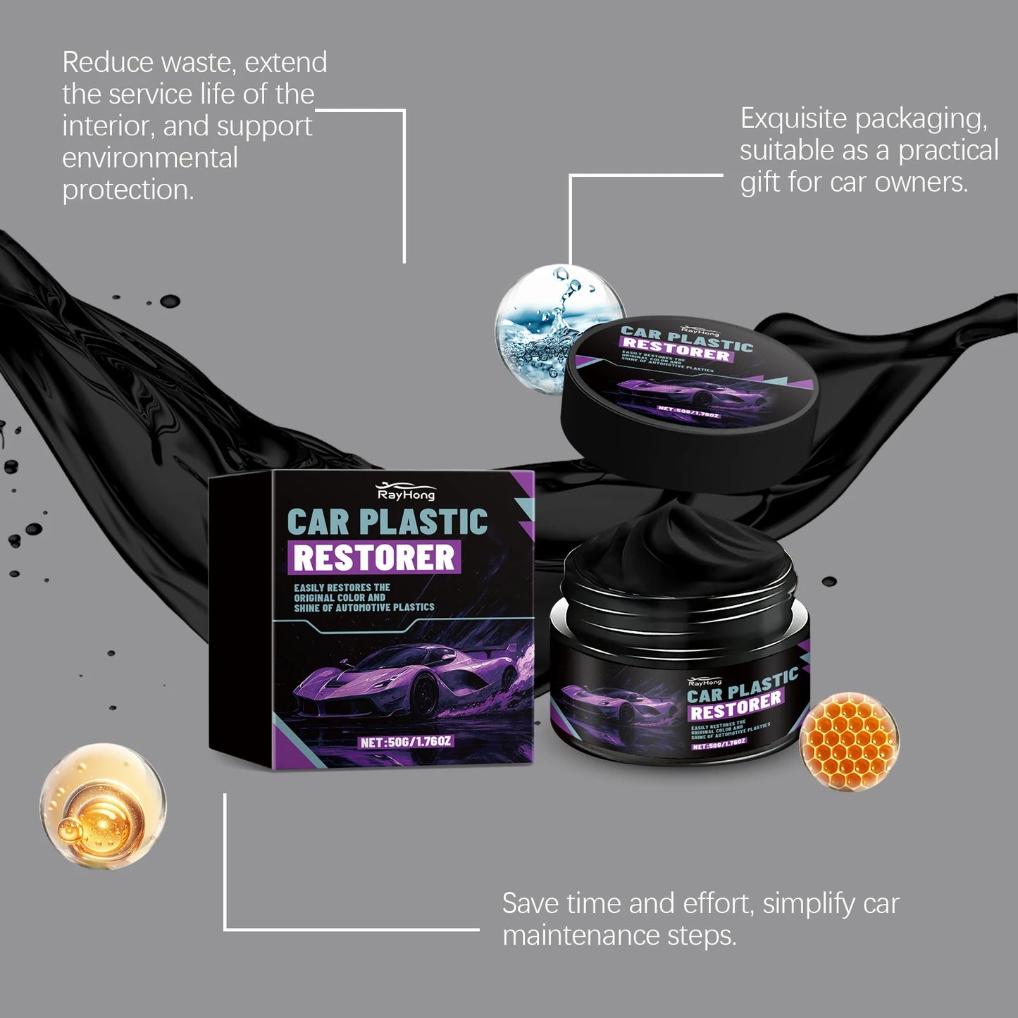 Car Plastic Restorer & Polish Gel for Dashboard, Trim, Tires Restores Black Color Shine Cleans Stains Auto Plastic Care Cream