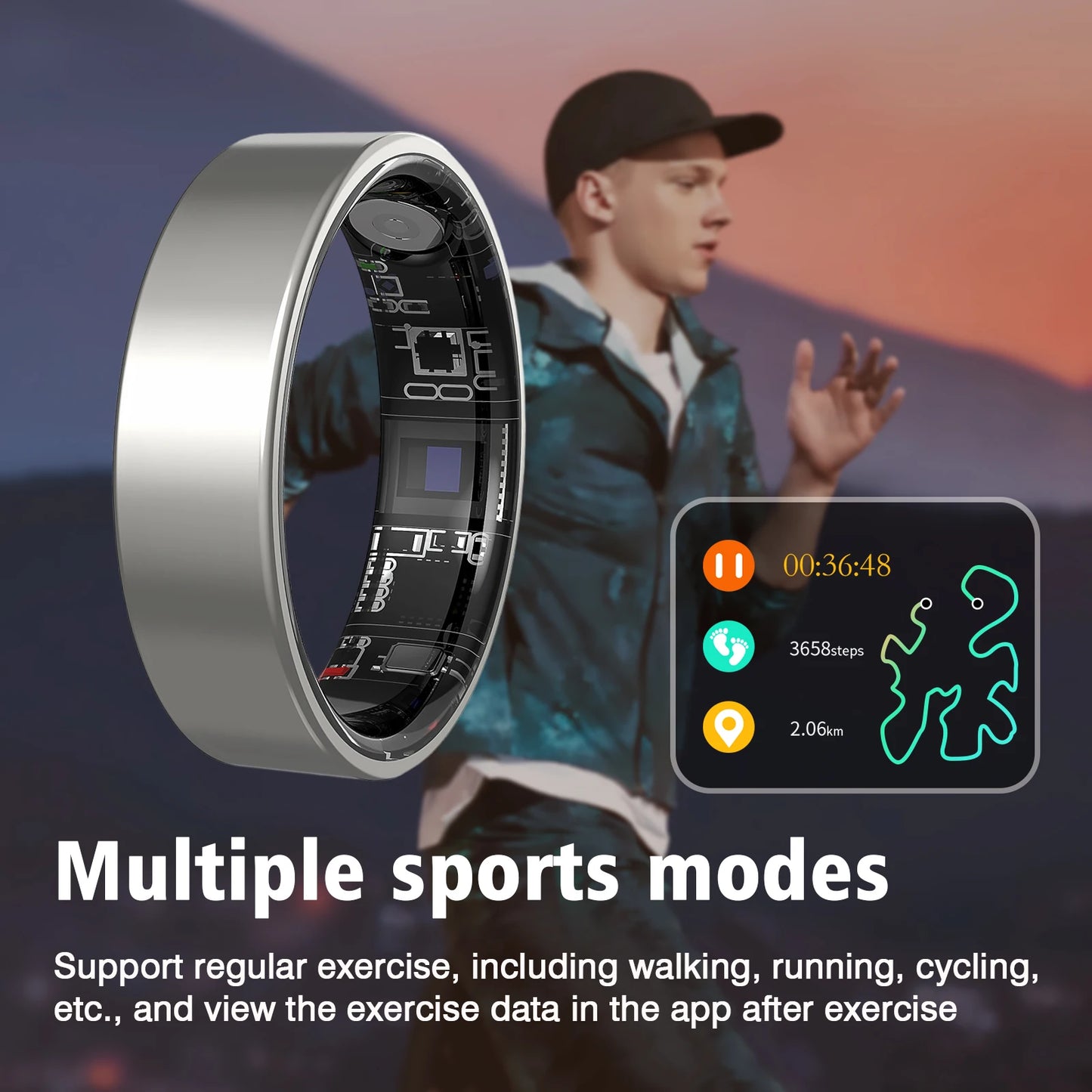 Smart ring, IP68 waterproof, sleep monitoring, multiple sports modes, pedometer, stainless steel material, unisex