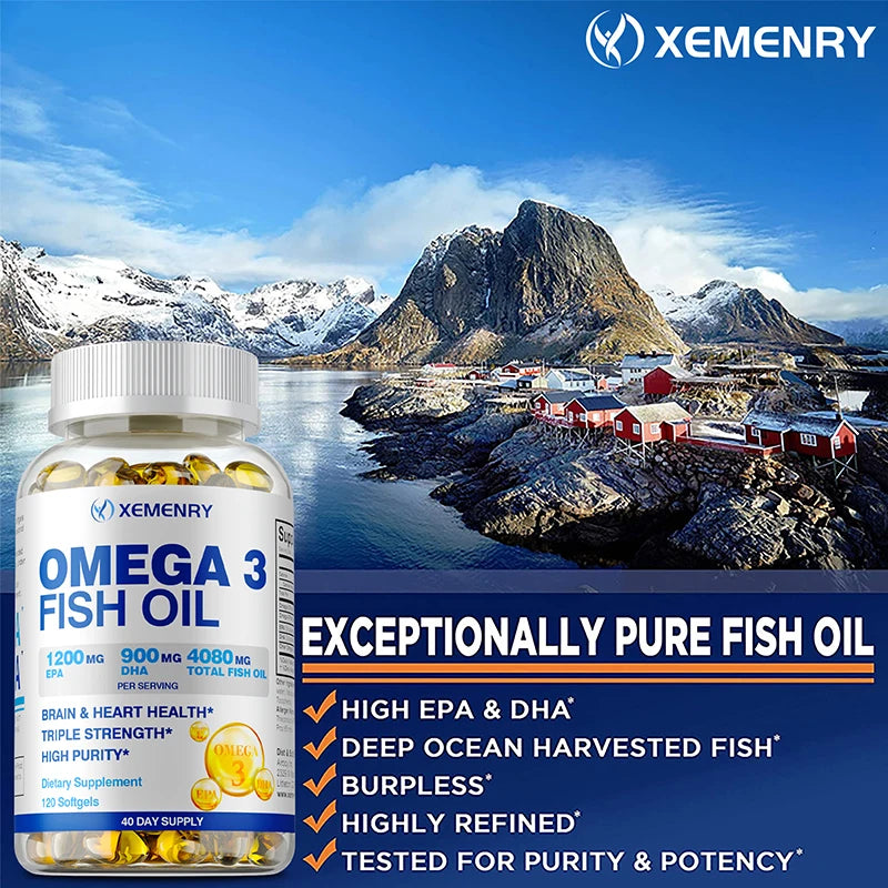 Omega-3 Fish Oil - Rich in Omega-3 Fatty Acids, EPA, DHA - Good for Heart, Brain, Eyes, Immune Health