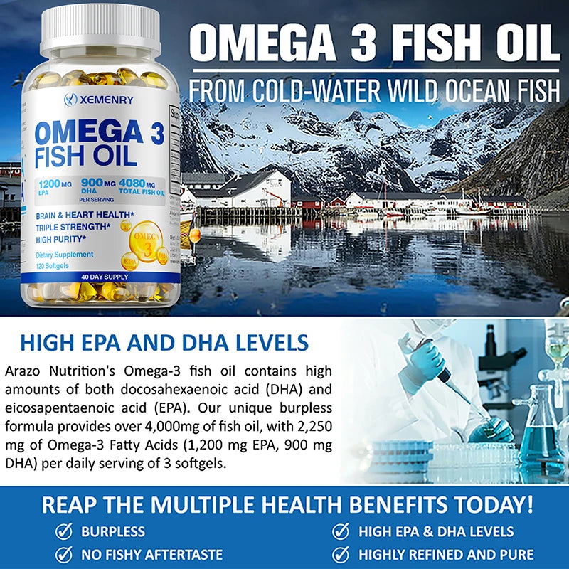 Omega-3 Fish Oil - Rich in Omega-3 Fatty Acids, EPA, DHA - Good for Heart, Brain, Eyes, Immune Health