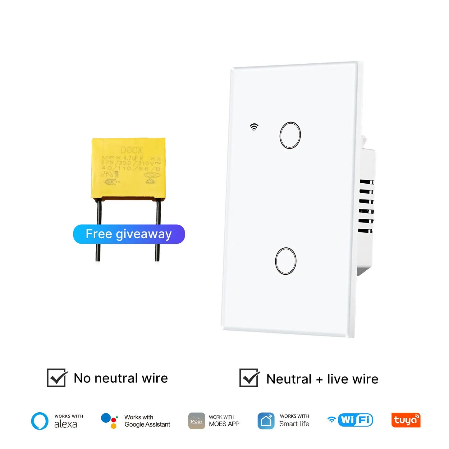 Tuya WiFi Smart Light Switch Glass Touch Control Fireproof No Neutral Wire Required Remote Control Work With Alexa Google Home