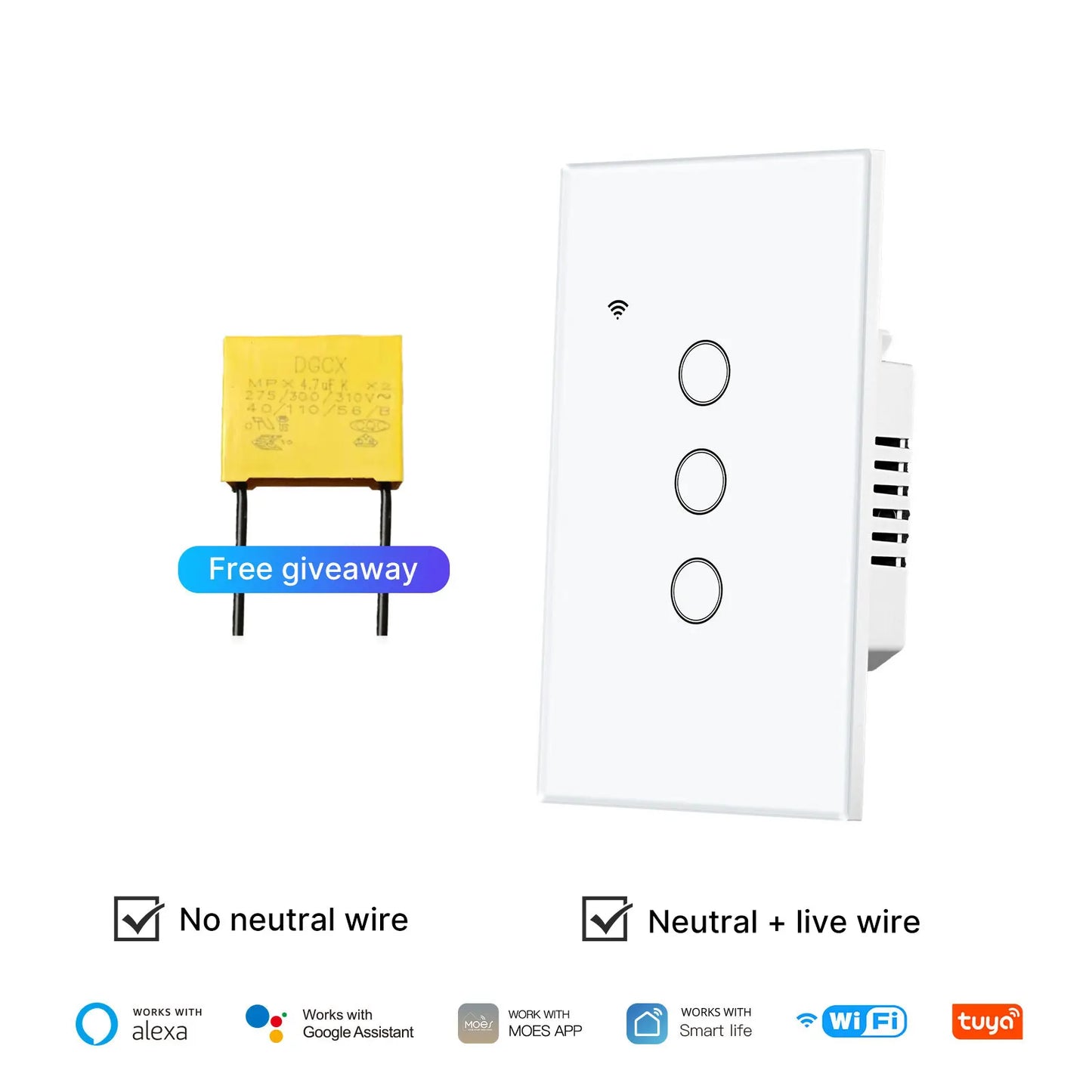 Tuya WiFi Smart Light Switch Glass Touch Control Fireproof No Neutral Wire Required Remote Control Work With Alexa Google Home