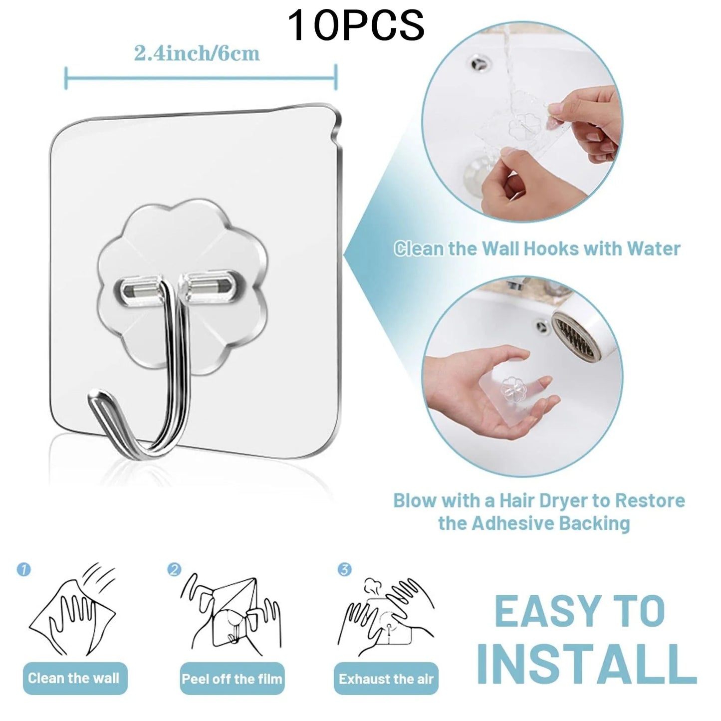 Large Adhesive Hooks Heavy Duty 22 lbs Robe Towel Hooks Waterproof Adhesive Wall Hooks for Home Bathroom Kitchen Office