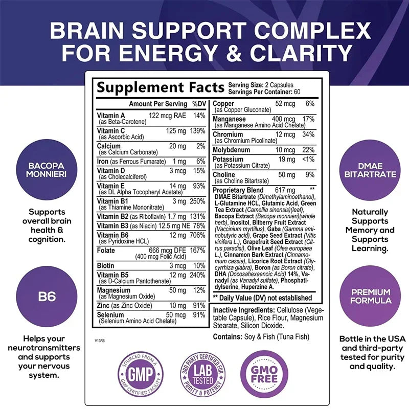 Nootropic Brain & Focus Supplement - Improve Memory, Mental Focus, Cognitive Function, for Brain, Heart Health
