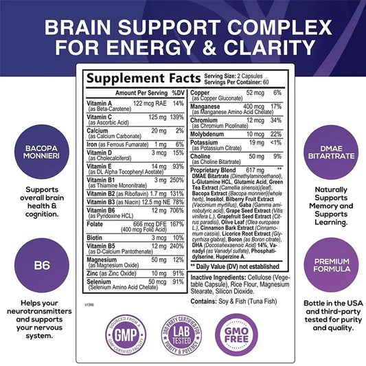 Nootropic Brain & Focus Supplement - Improve Memory, Mental Focus, Cognitive Function, for Brain, Heart Health