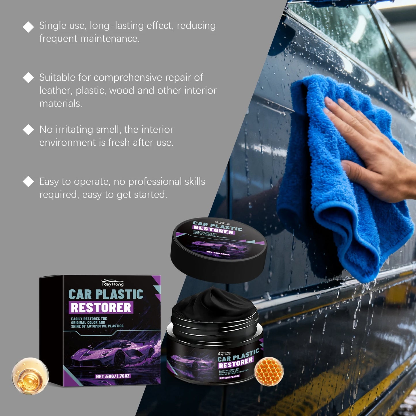 Car Plastic Restorer & Polish Gel for Dashboard, Trim, Tires Restores Black Color Shine Cleans Stains Auto Plastic Care Cream