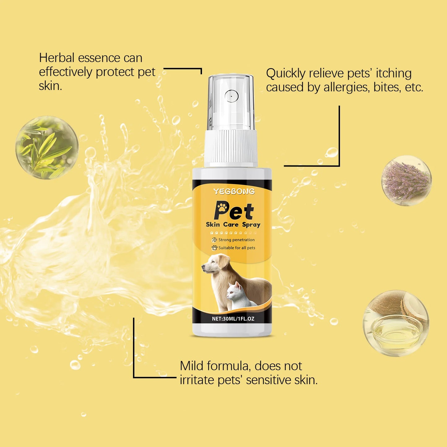 YEGBONG 30ml Pet Skin Care Spray Gentle Care Soothing Discomfort Moisturizing for Dogs Cats Skin Irritation Daily Use