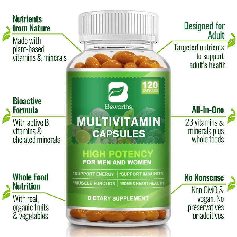 BEWORTHS Multivitamin Capsules with Vitamins & Minerals for Energy Brain Heart Skin Eye Health Immune Support for Women and Men