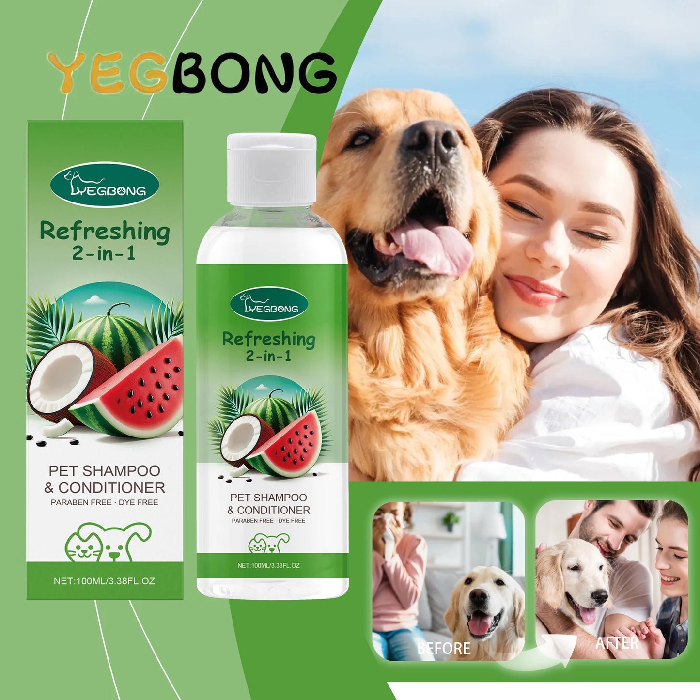 YEGBONG 100ml Hypoallergenic Pet 2in1 Shampoo and Conditioner pH Balanced Tear Free Bath for Dogs and Cats with Sensitive Skin
