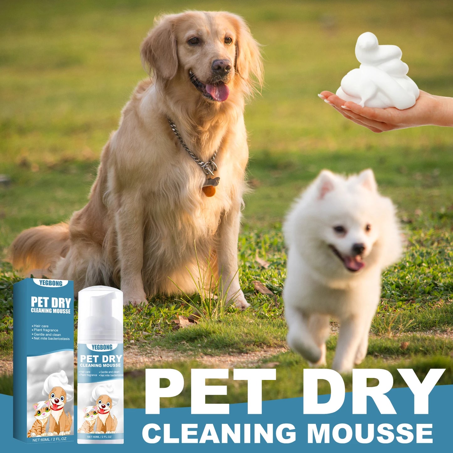 60ml Pet Dry Cleaning Shampoo Mousse Waterless Gentle Safe No Rinse Fresh Scent Deodorant Dogs Cats Outdoor Travel Bath Supplies