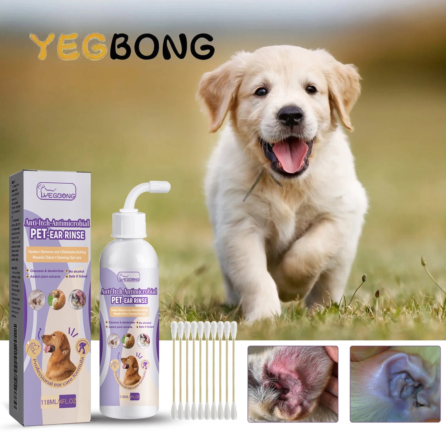 YEGBONG 100ml Hypoallergenic Pet Ear Cleaning Solution Gentle Non Irritating Vet Recommended Cleansing for Dog Cat Sensitive Ear
