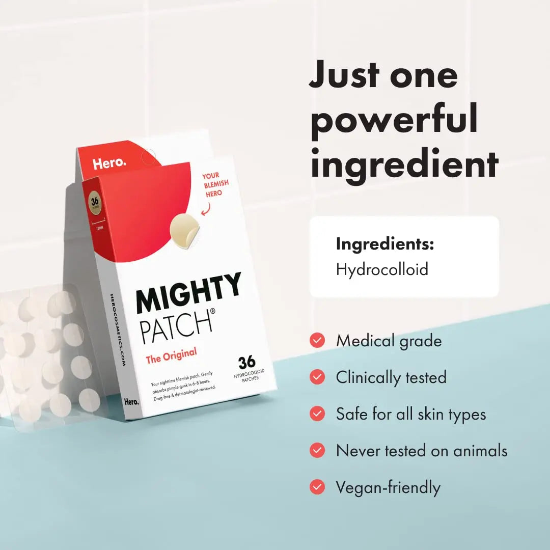 Mighty Patch from Hero Cosmetics is a hydrocolloid acne patch that covers facial acne and blemishes.