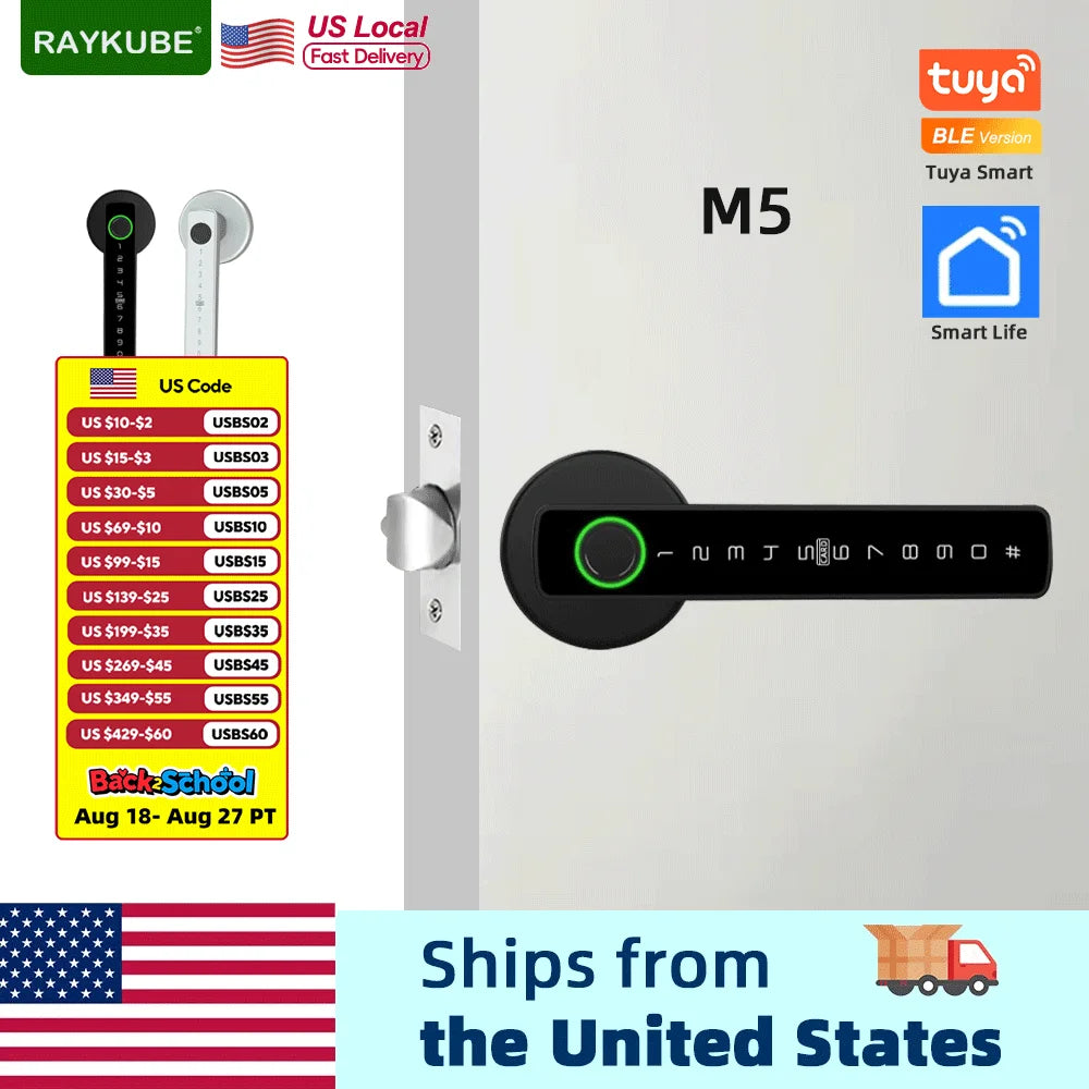 RAYKUBE US Free Delivery Tuya BLE Smart Fingerprint Door Lock Electronic Lock with Password/Key/Card/Tuya APP Unlock