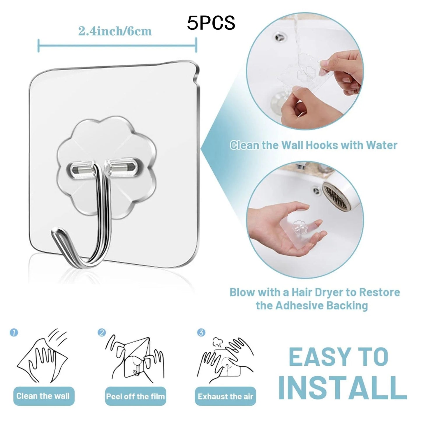 Large Adhesive Hooks Heavy Duty 22 lbs Robe Towel Hooks Waterproof Adhesive Wall Hooks for Home Bathroom Kitchen Office