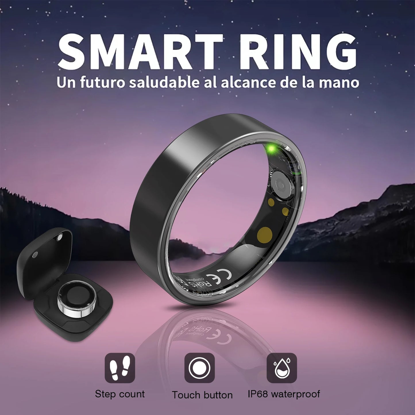 Smart ring, IP68 waterproof, sleep monitoring, multiple sports modes, pedometer, stainless steel material, unisex