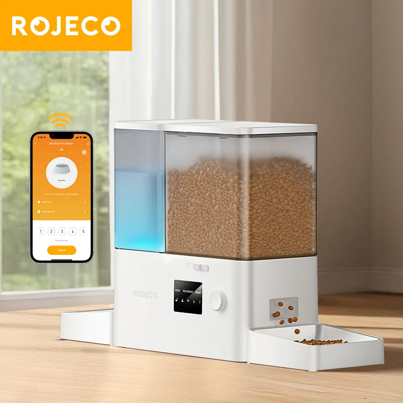 ROJECO 8.5L Automatic Pet Feeder With Gravity Water Fountain 2In1 WIFI Remote Control Cat Kibble Dispenser Water Refill Drinker