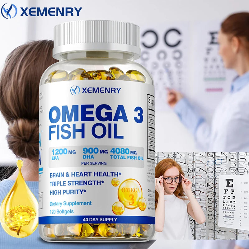 Omega-3 Fish Oil - Rich in Omega-3 Fatty Acids, EPA, DHA - Good for Heart, Brain, Eyes, Immune Health