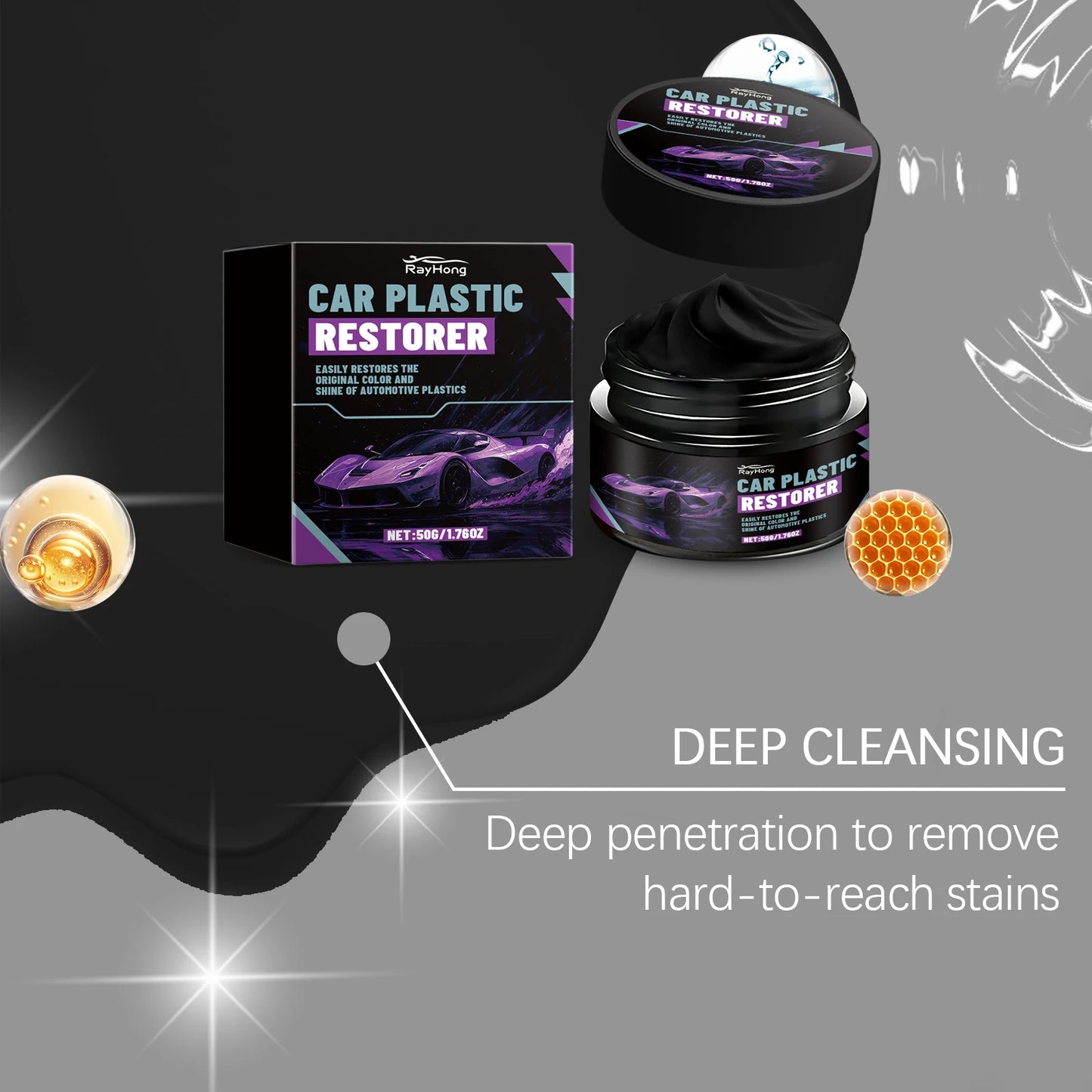 Car Plastic Restorer & Polish Gel for Dashboard, Trim, Tires Restores Black Color Shine Cleans Stains Auto Plastic Care Cream