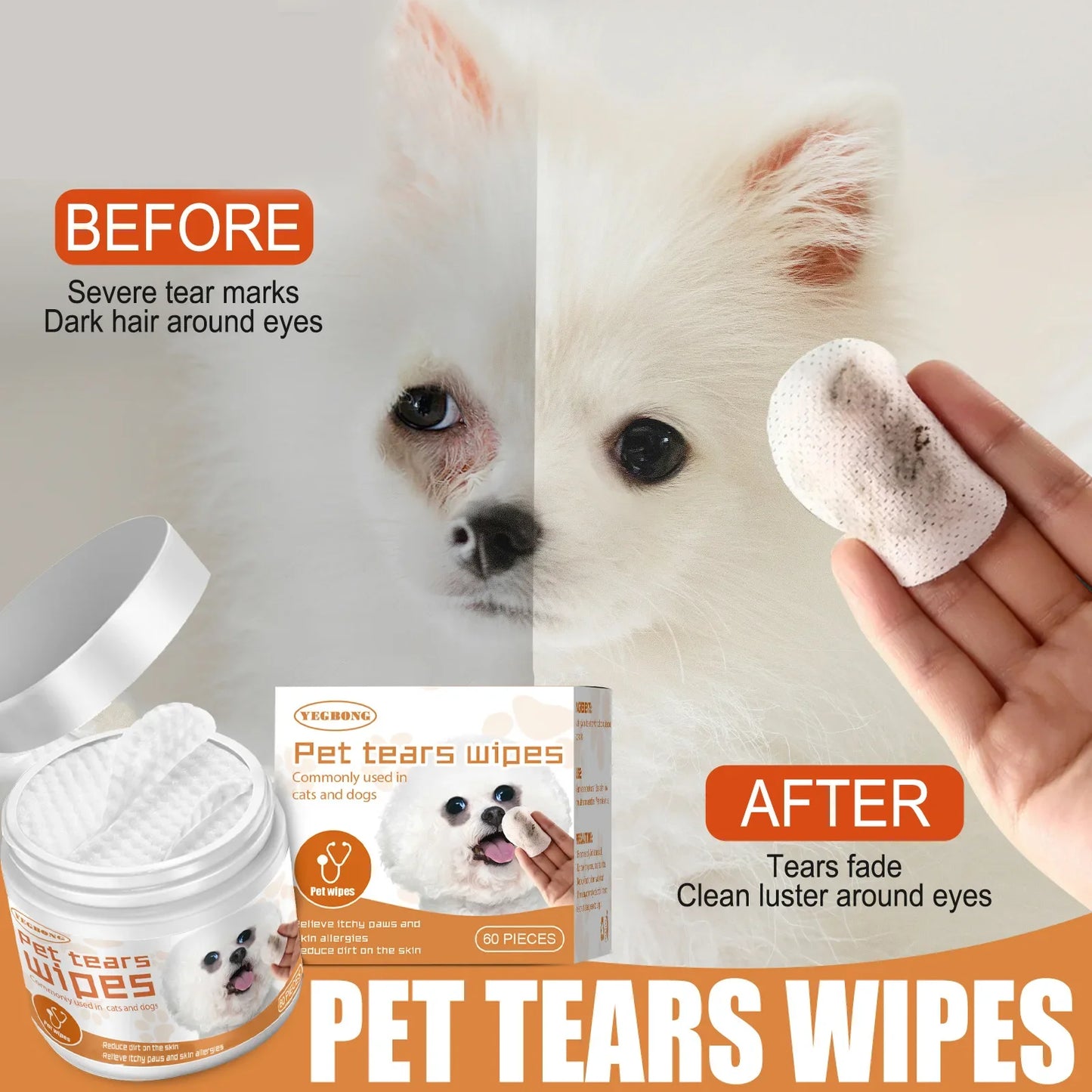 Universal Disposable Cleaning Cotton Pads 60pcs for Dogs and Cats To Remove Tear Stains and Wipe Eye Stains Pet Cleaning Wipes