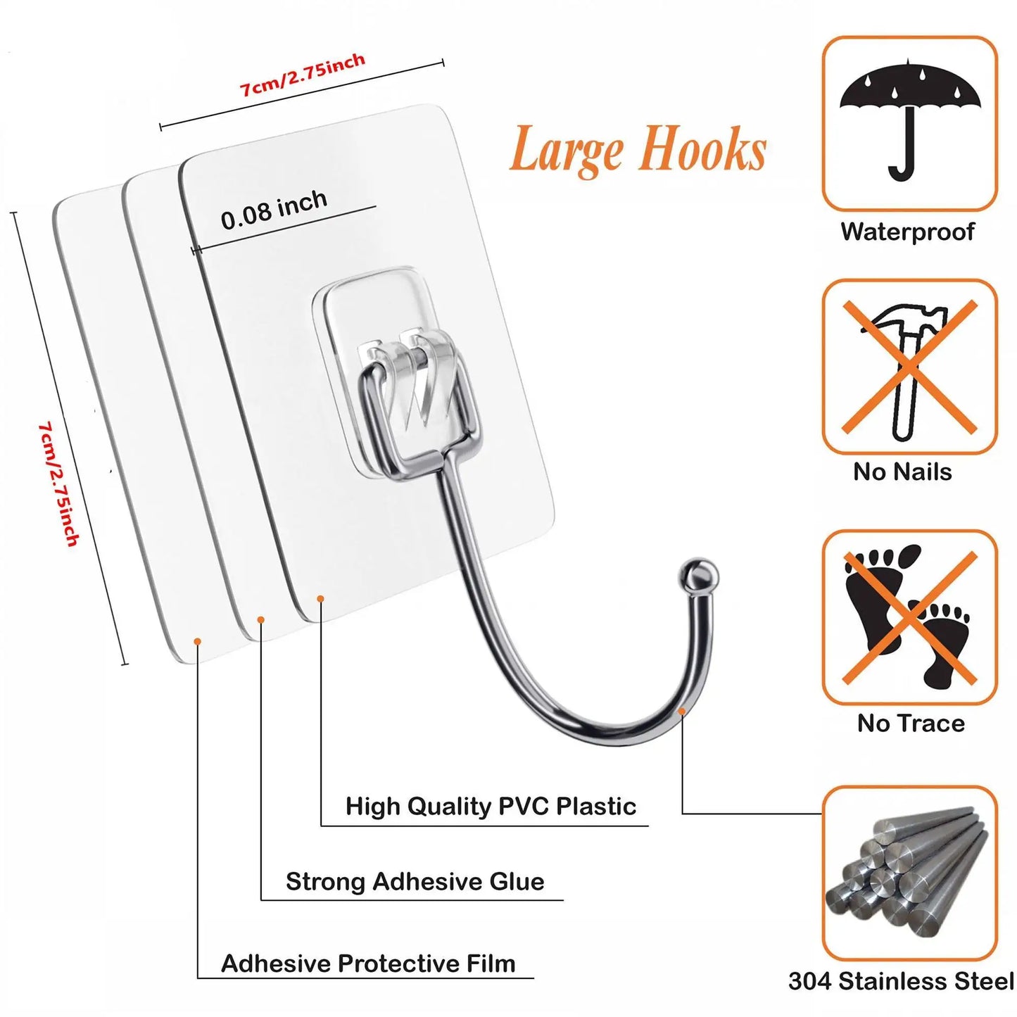 Large Adhesive Hooks Heavy Duty 22 lbs Robe Towel Hooks Waterproof Adhesive Wall Hooks for Home Bathroom Kitchen Office
